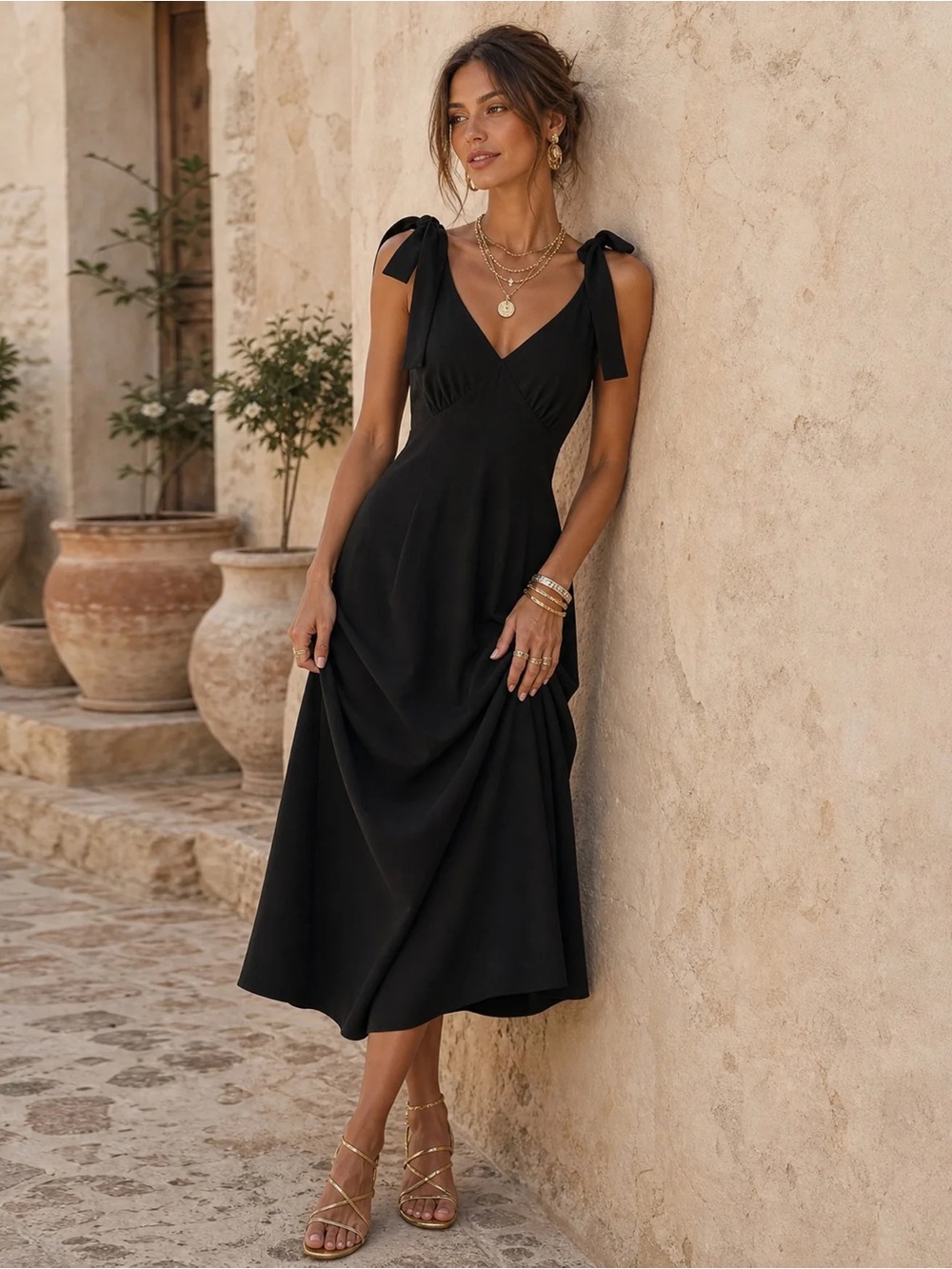 Rihoas Black Tie-Shoulder V-Neck Maxi Dress